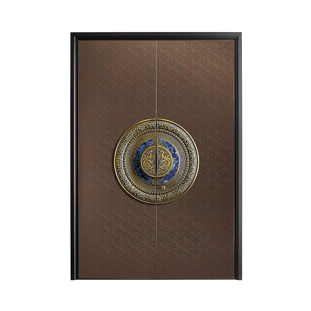 Chinese Style 3D Copper Decorative Double Leaf Brass Door with Embedded Jade