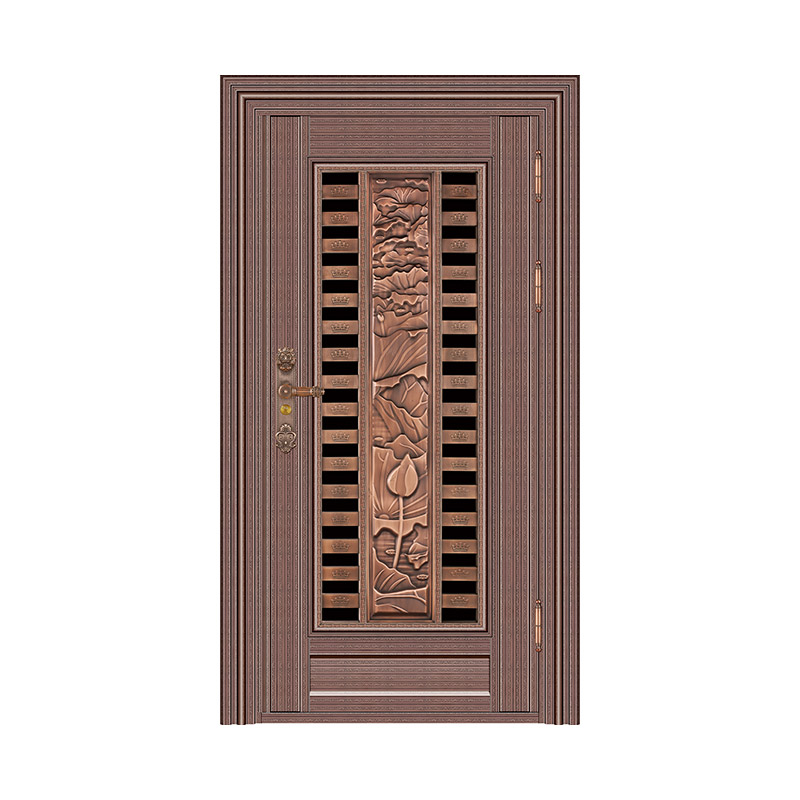 Antique Lotus Grilled Glass Single Leaf Door Steel Residential Front Doors
