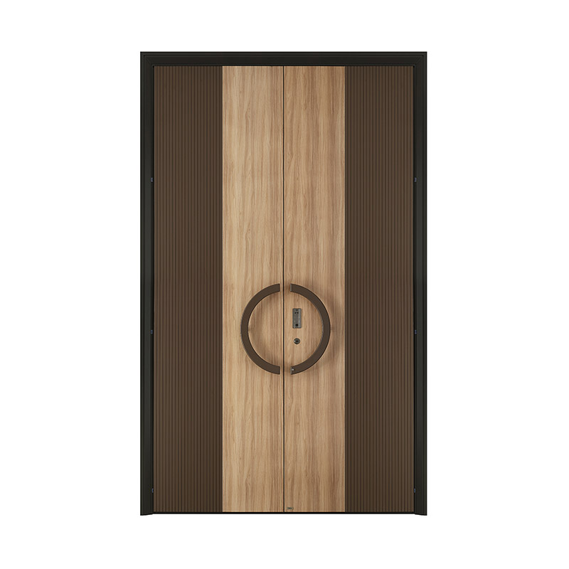Wood Grain Transfer Printed Steel Fine-carved Double Leaf Door with Round Handle