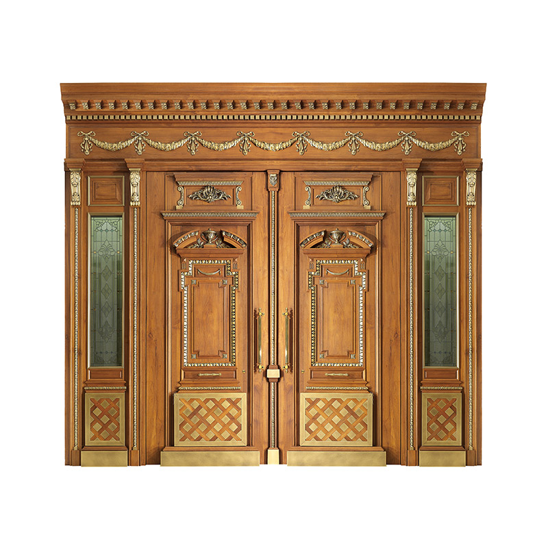 Luxurious European Style Artistic Glass Four-leaf Copper Wood Armored Door